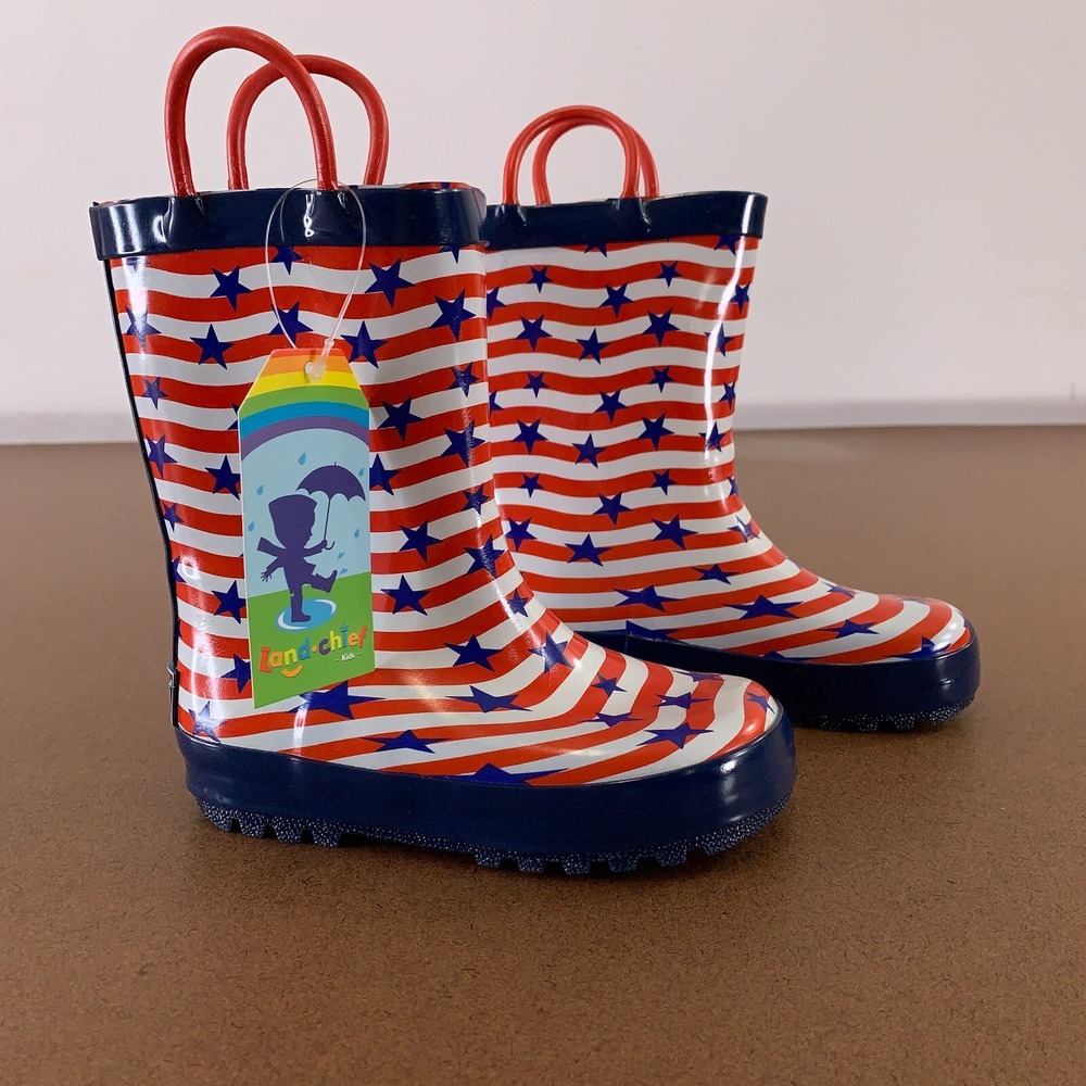 Landchief Kids Shoe Size 9 Red White Blue Striped Rubber Rain Boots NWT
